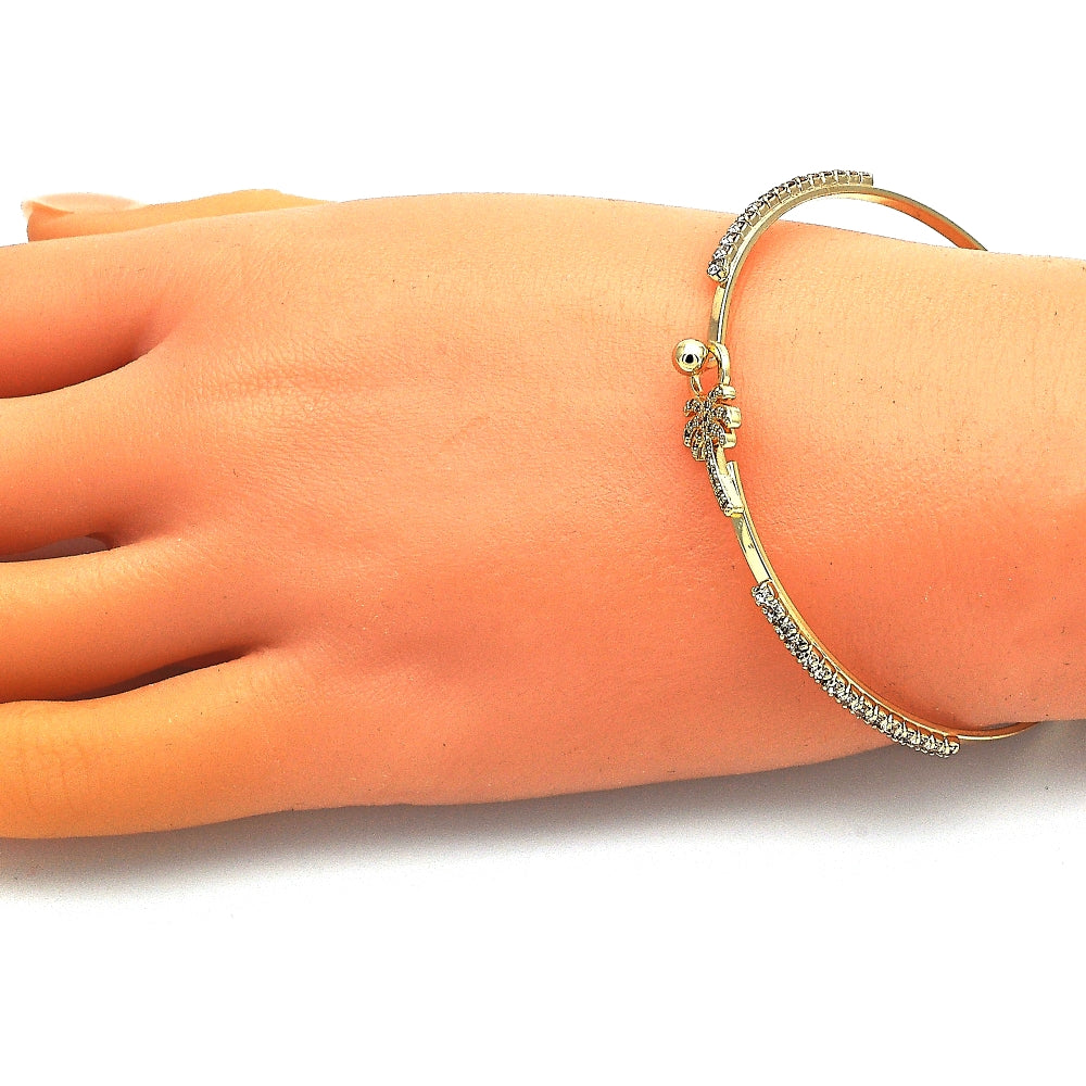 Oro Laminado Individual Bangle, Gold Filled Style Palm Tree Design, with White Micro Pave and White Crystal, Polished, Golden Finish