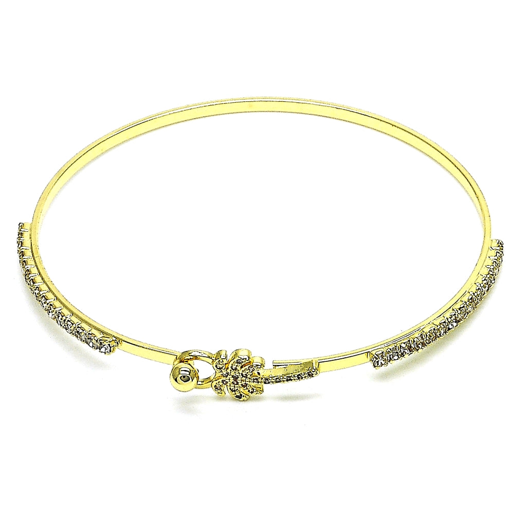Oro Laminado Individual Bangle, Gold Filled Style Palm Tree Design, with White Micro Pave and White Crystal, Polished, Golden Finish