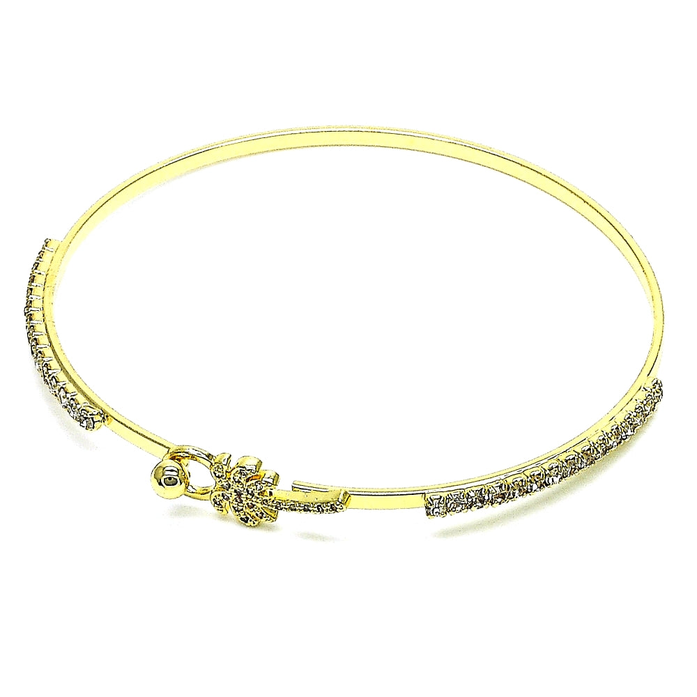 Oro Laminado Individual Bangle, Gold Filled Style Palm Tree Design, with White Micro Pave and White Crystal, Polished, Golden Finish