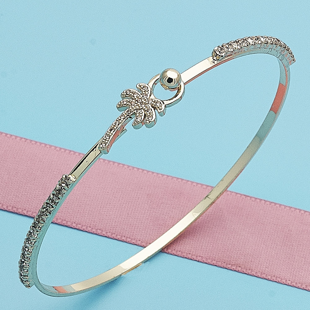 Oro Laminado Individual Bangle, Gold Filled Style Palm Tree Design, with White Micro Pave and White Crystal, Polished, Golden Finish