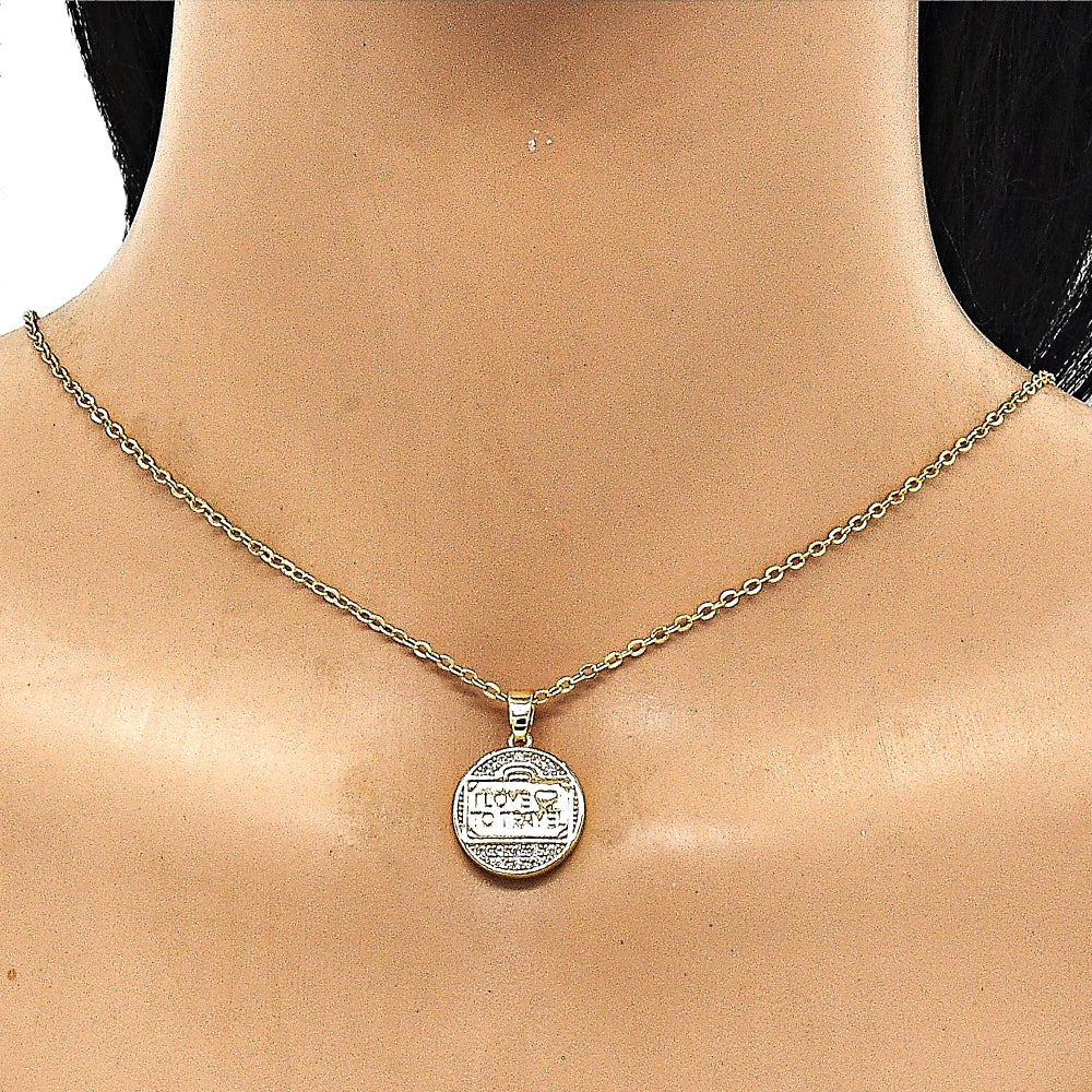 Oro Laminado Fancy Pendant, Gold Filled Style Heart and Love Design, with White Micro Pave, Polished, Golden Finish