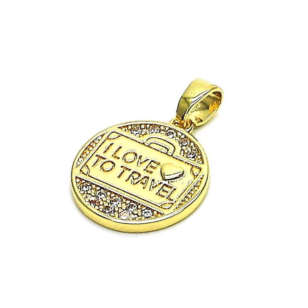 Oro Laminado Fancy Pendant, Gold Filled Style Heart and Love Design, with White Micro Pave, Polished, Golden Finish