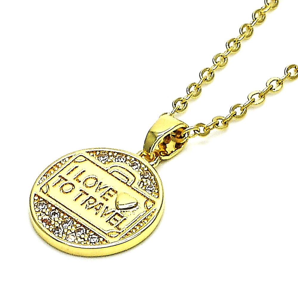 Oro Laminado Fancy Pendant, Gold Filled Style Heart and Love Design, with White Micro Pave, Polished, Golden Finish