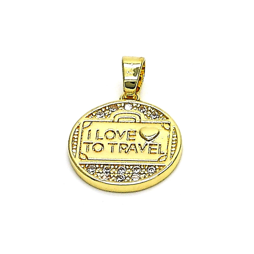 Oro Laminado Fancy Pendant, Gold Filled Style Heart and Love Design, with White Micro Pave, Polished, Golden Finish