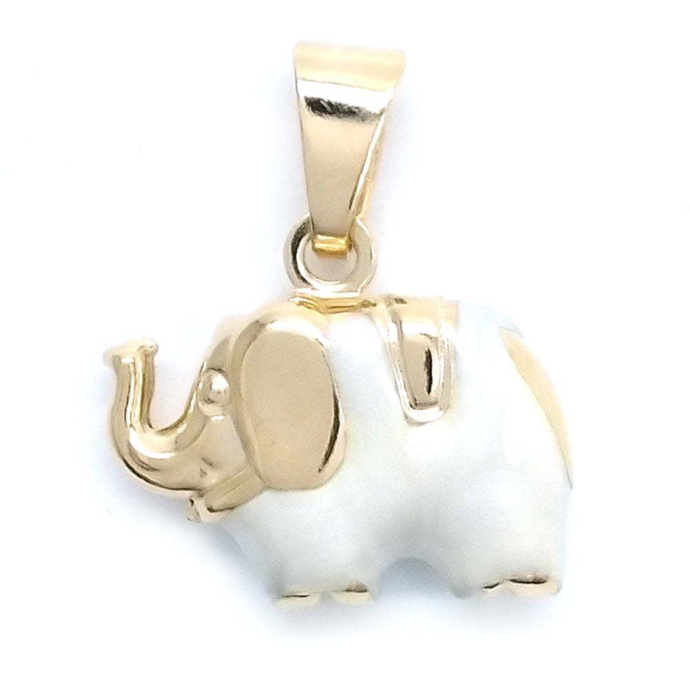 Oro Laminado Fancy Pendant, Gold Filled Style Elephant Design, White Enamel Finish, Golden Finish