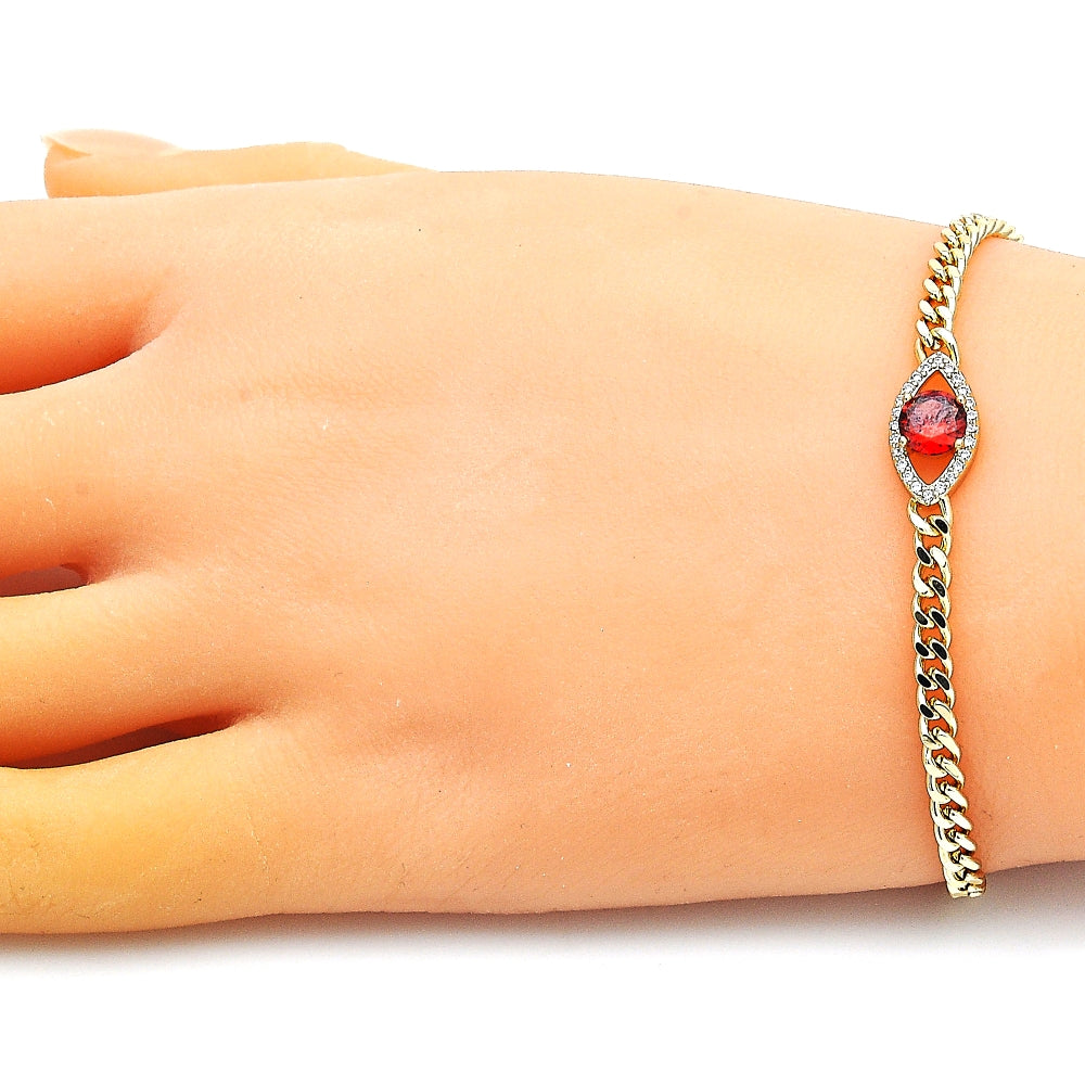 Oro Laminado Fancy Bracelet, Gold Filled Style Evil Eye Design, with Garnet Cubic Zirconia and White Micro Pave, Polished, Golden Finish