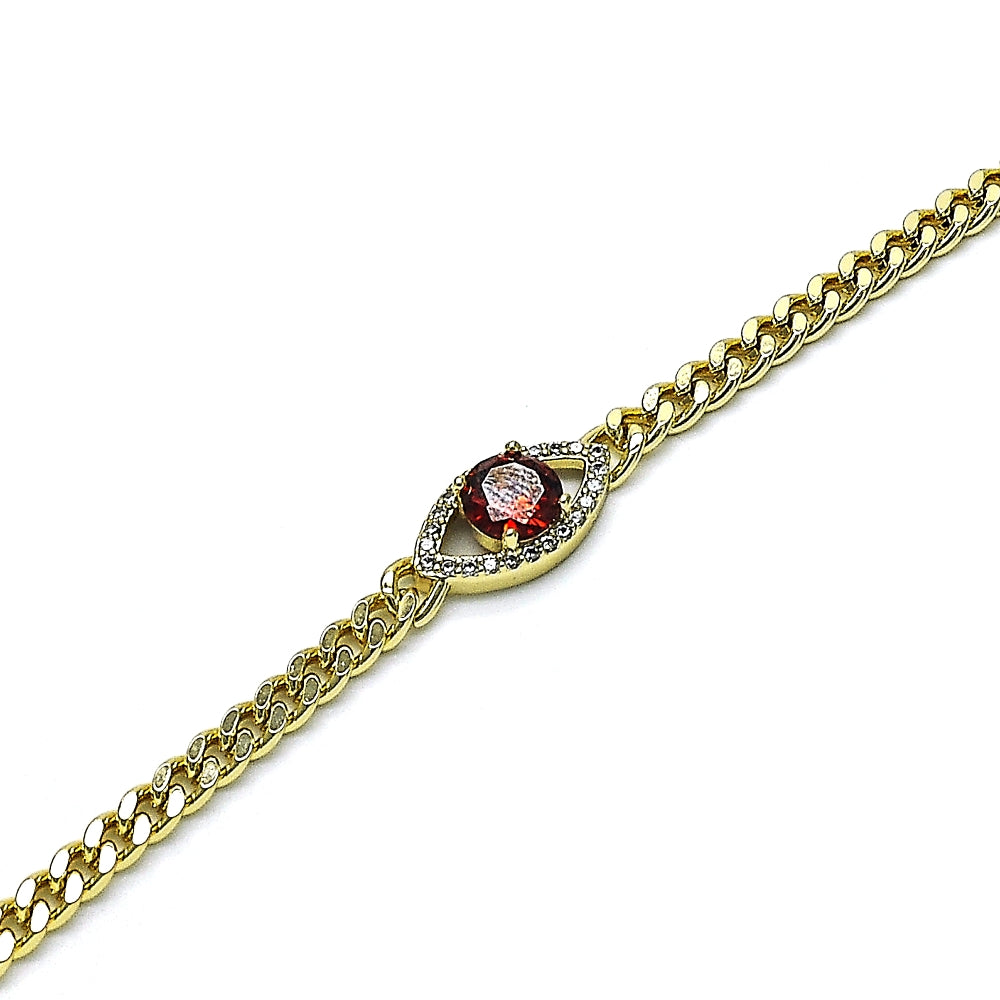 Oro Laminado Fancy Bracelet, Gold Filled Style Evil Eye Design, with Garnet Cubic Zirconia and White Micro Pave, Polished, Golden Finish