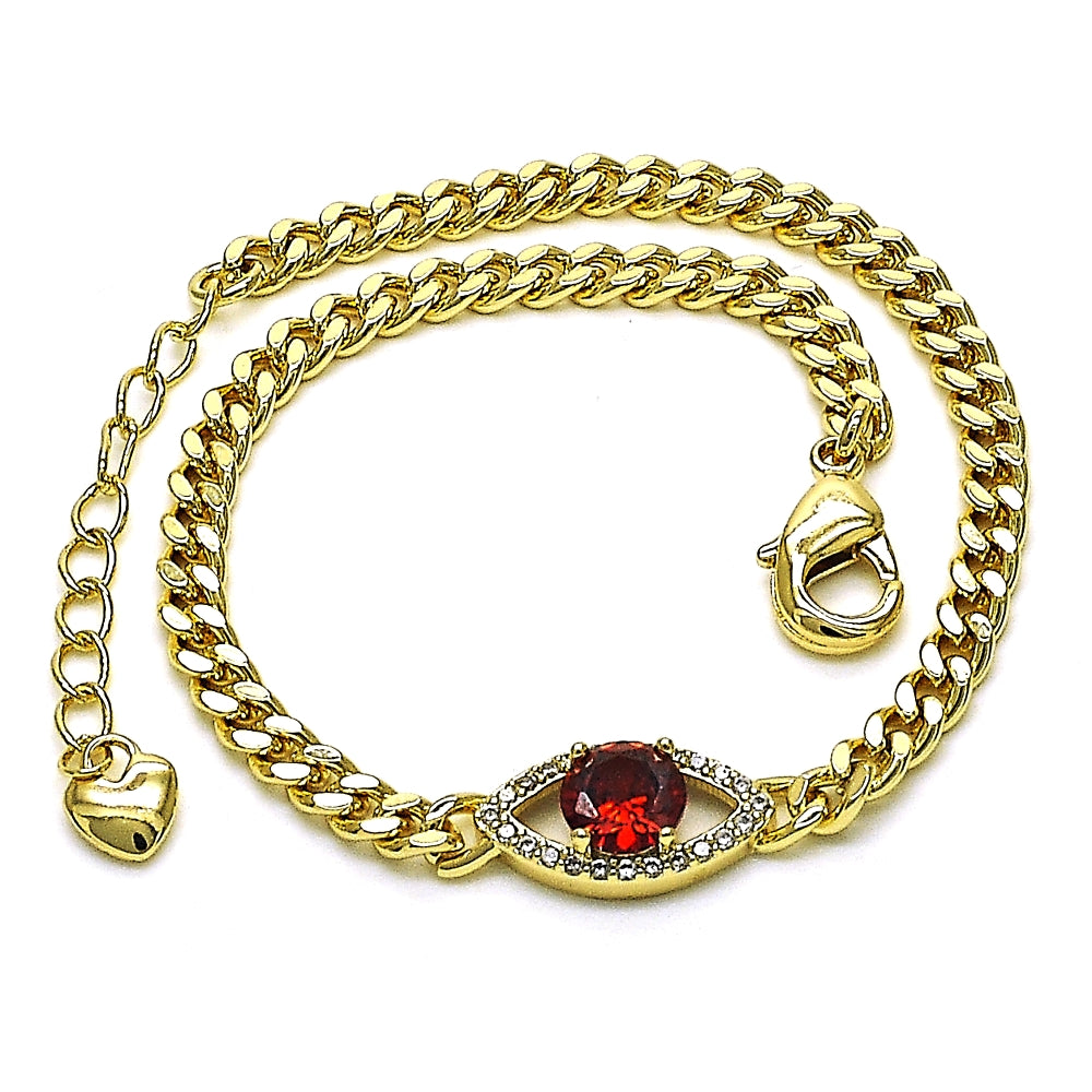 Oro Laminado Fancy Bracelet, Gold Filled Style Evil Eye Design, with Garnet Cubic Zirconia and White Micro Pave, Polished, Golden Finish
