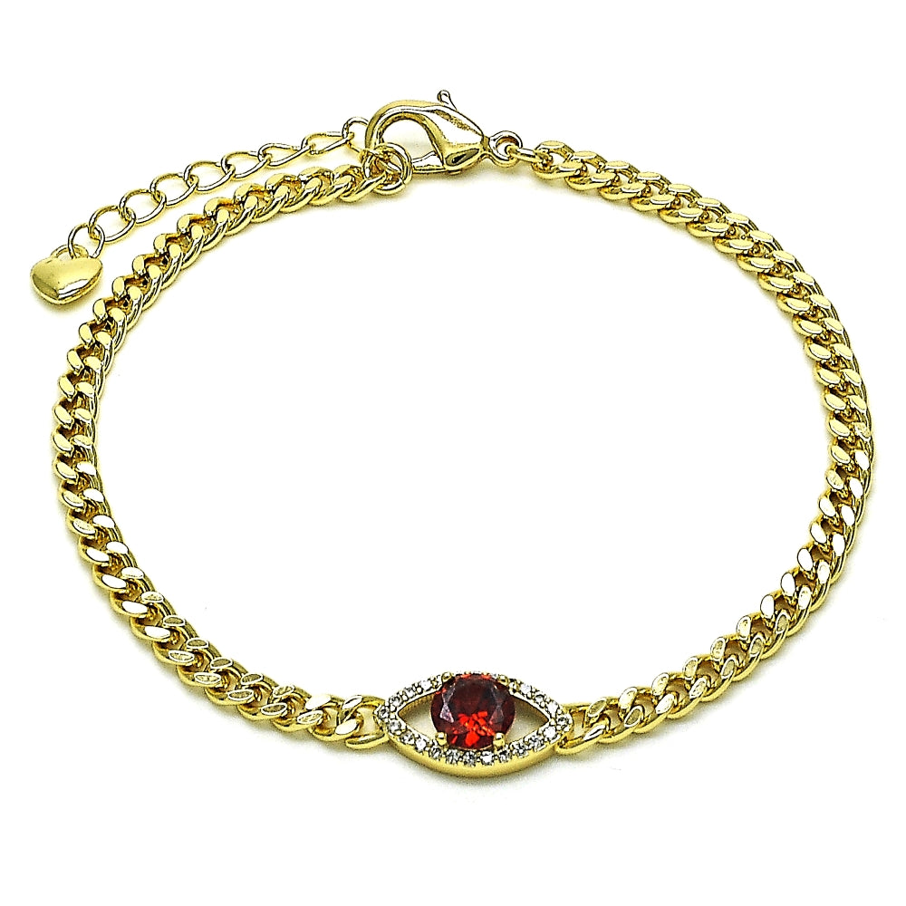 Oro Laminado Fancy Bracelet, Gold Filled Style Evil Eye Design, with Garnet Cubic Zirconia and White Micro Pave, Polished, Golden Finish