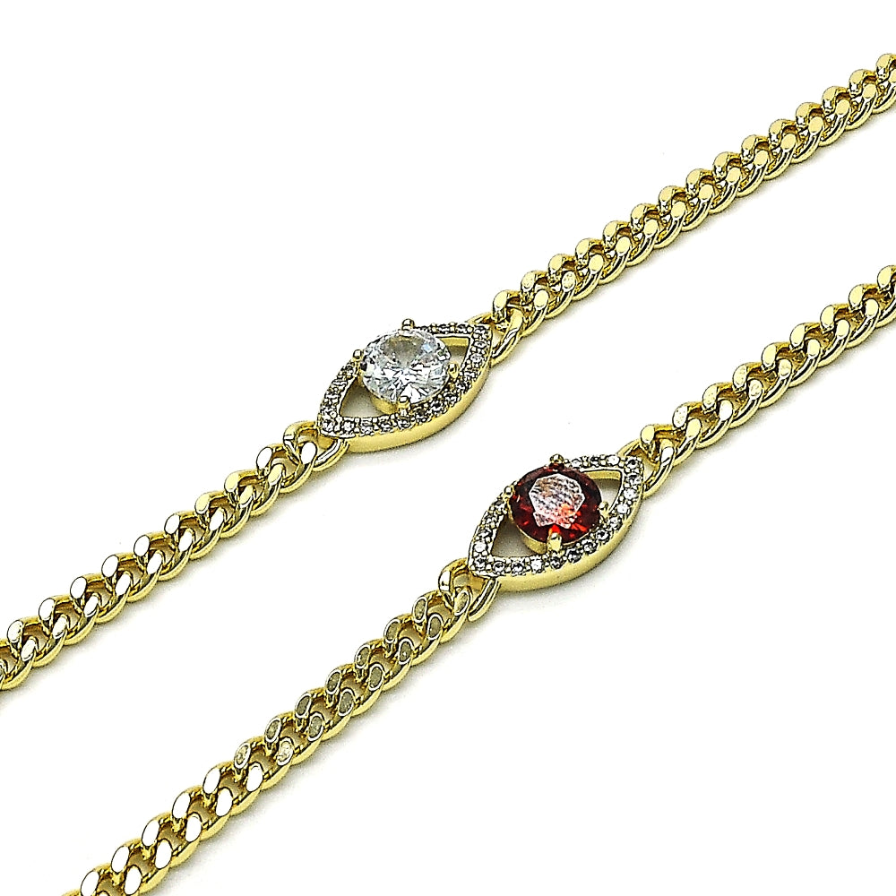 Oro Laminado Fancy Bracelet, Gold Filled Style Evil Eye Design, with Garnet Cubic Zirconia and White Micro Pave, Polished, Golden Finish