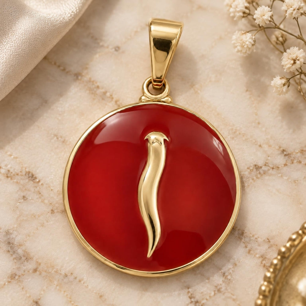 Oro Laminado Fancy Pendant, Gold Filled Style Chili Design, Red Enamel Finish, Golden Finish