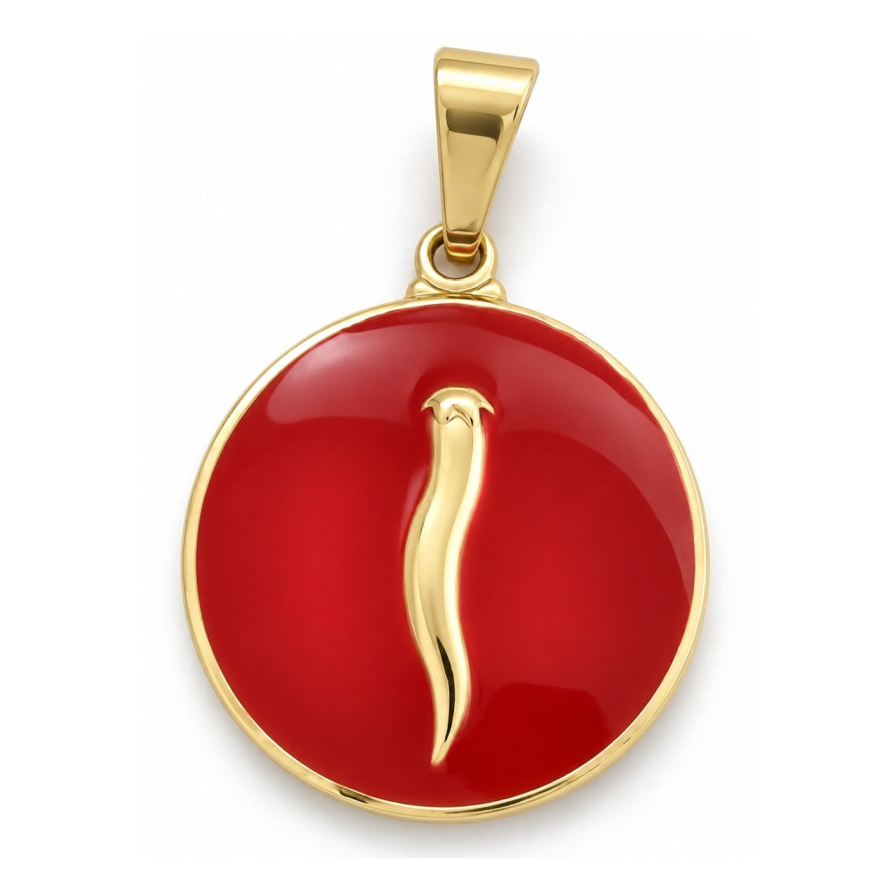 Oro Laminado Fancy Pendant, Gold Filled Style Chili Design, Red Enamel Finish, Golden Finish