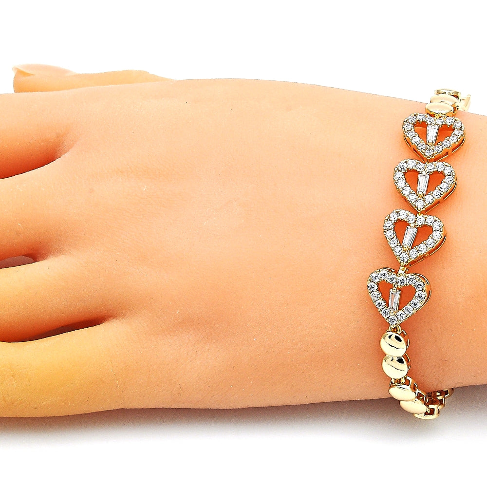 Oro Laminado Fancy Bracelet, Gold Filled Style Heart and Baguette Design, with White Cubic Zirconia and White Micro Pave, Polished, Golden Finish