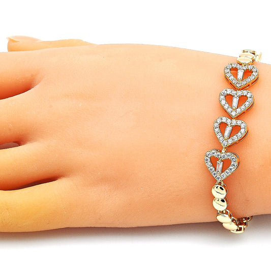 Oro Laminado Fancy Bracelet, Gold Filled Style Heart and Baguette Design, with White Cubic Zirconia and White Micro Pave, Polished, Golden Finish