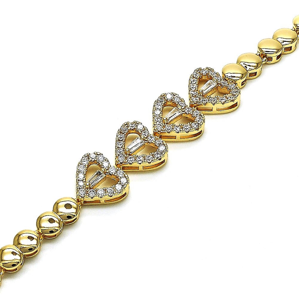 Oro Laminado Fancy Bracelet, Gold Filled Style Heart and Baguette Design, with White Cubic Zirconia and White Micro Pave, Polished, Golden Finish
