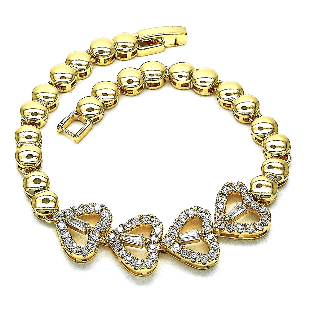 Oro Laminado Fancy Bracelet, Gold Filled Style Heart and Baguette Design, with White Cubic Zirconia and White Micro Pave, Polished, Golden Finish