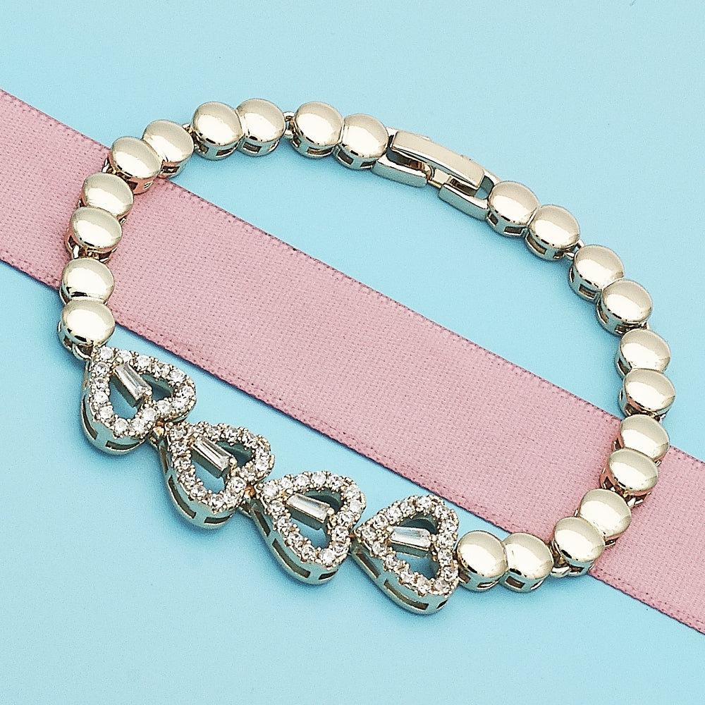 Oro Laminado Fancy Bracelet, Gold Filled Style Heart and Baguette Design, with White Cubic Zirconia and White Micro Pave, Polished, Golden Finish