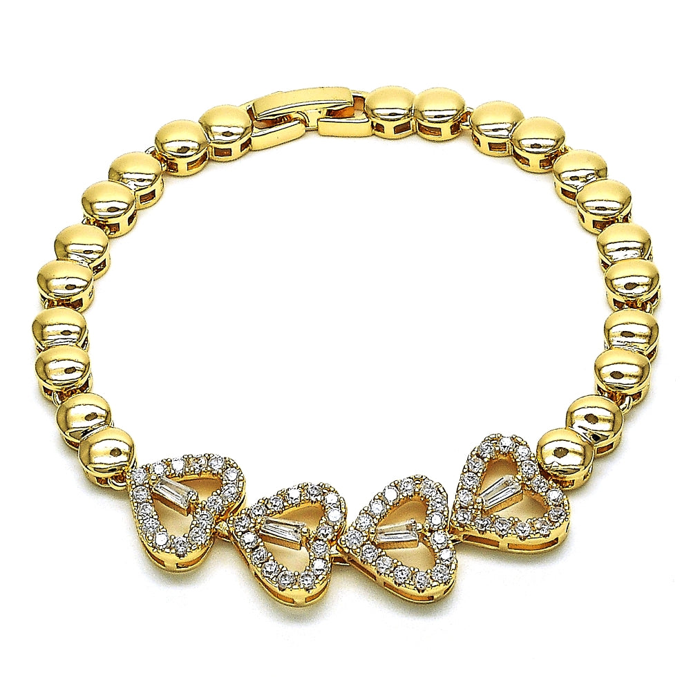 Oro Laminado Fancy Bracelet, Gold Filled Style Heart and Baguette Design, with White Cubic Zirconia and White Micro Pave, Polished, Golden Finish