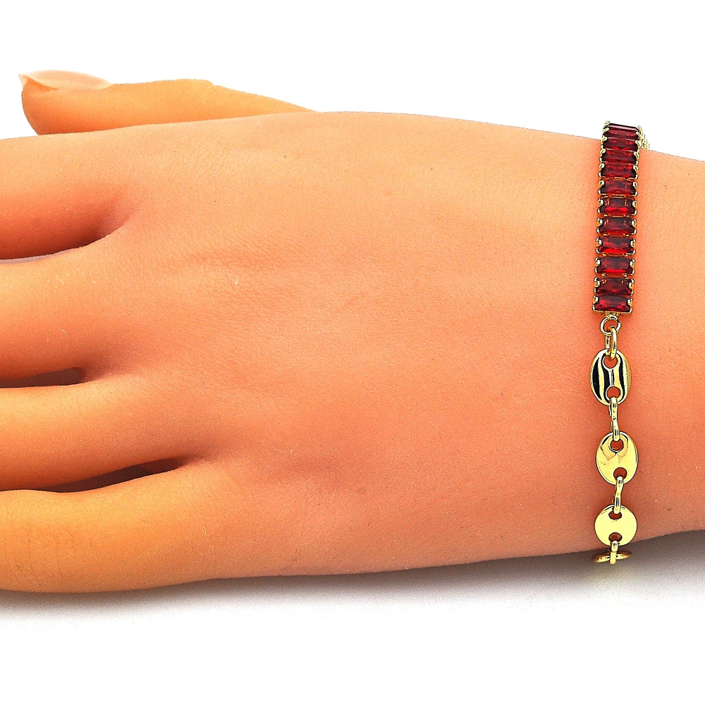 Oro Laminado Fancy Bracelet, Gold Filled Style Puff Mariner and Baguette Design, with Garnet Cubic Zirconia, Polished, Golden Finish