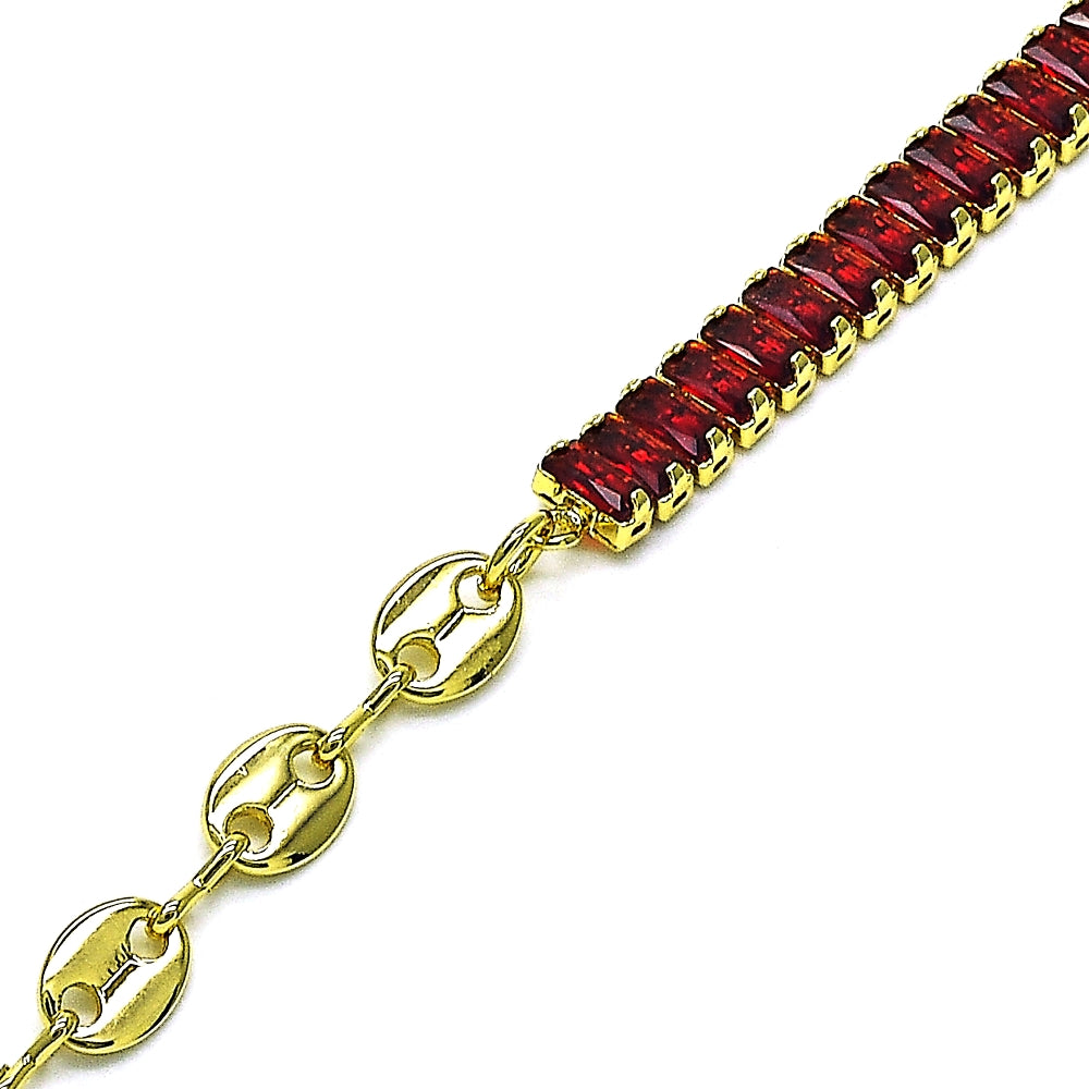 Oro Laminado Fancy Bracelet, Gold Filled Style Puff Mariner and Baguette Design, with Garnet Cubic Zirconia, Polished, Golden Finish