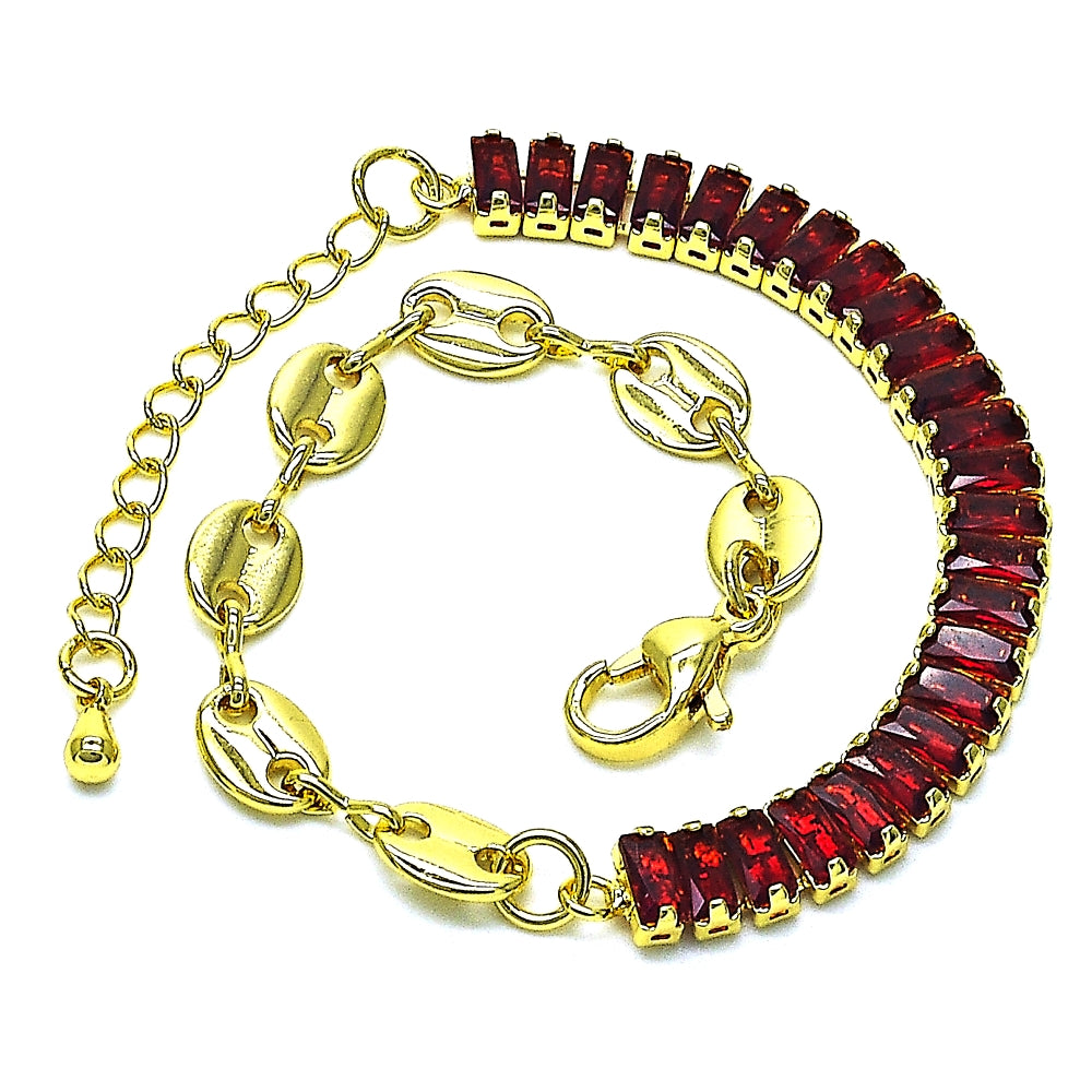 Oro Laminado Fancy Bracelet, Gold Filled Style Puff Mariner and Baguette Design, with Garnet Cubic Zirconia, Polished, Golden Finish