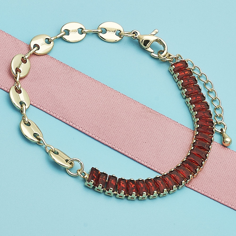 Oro Laminado Fancy Bracelet, Gold Filled Style Puff Mariner and Baguette Design, with Garnet Cubic Zirconia, Polished, Golden Finish