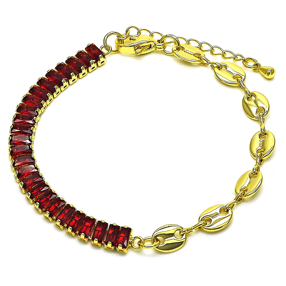 Oro Laminado Fancy Bracelet, Gold Filled Style Puff Mariner and Baguette Design, with Garnet Cubic Zirconia, Polished, Golden Finish