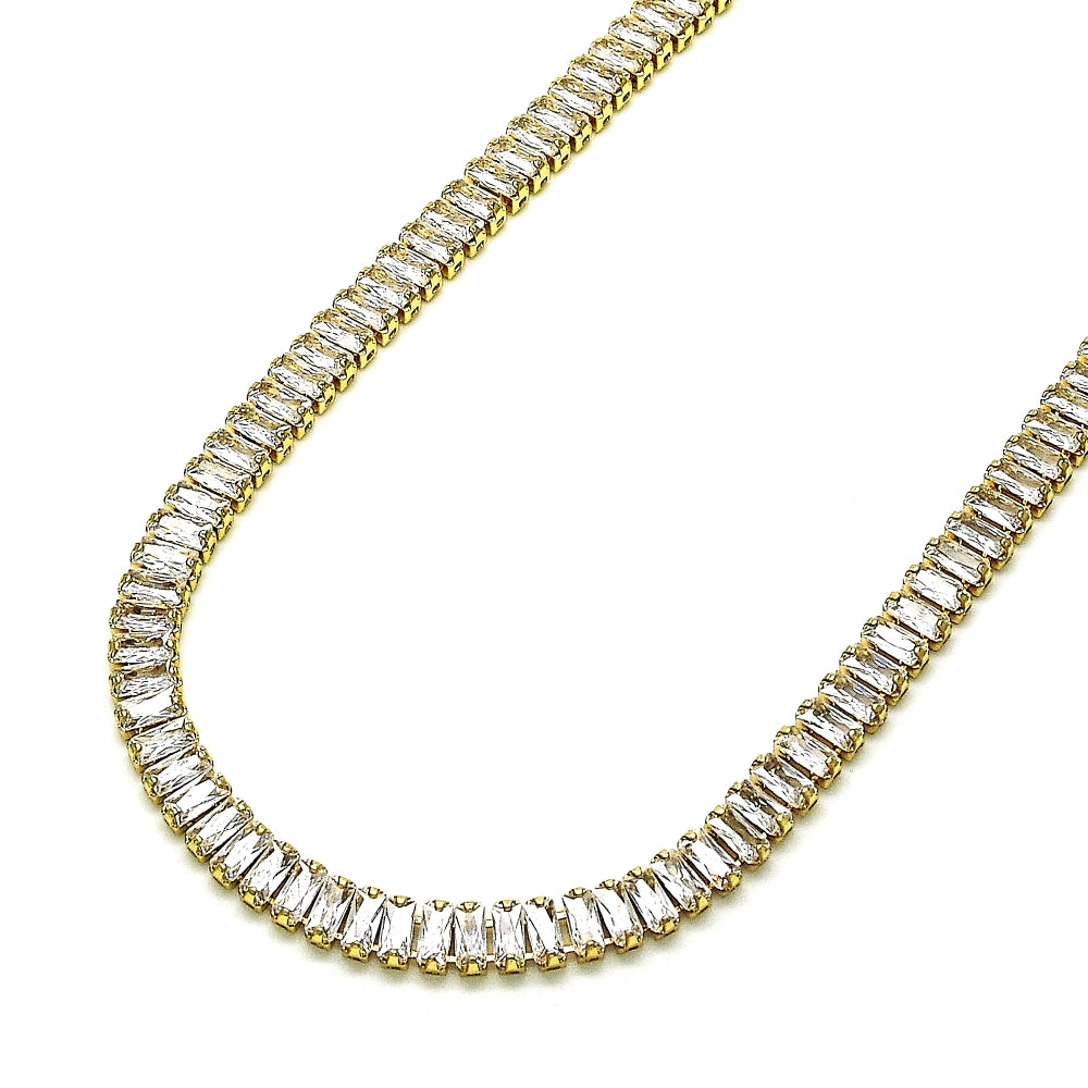 Oro Laminado Fancy Necklace, Gold Filled Style Baguette Design, with White Cubic Zirconia, Polished, Golden Finish