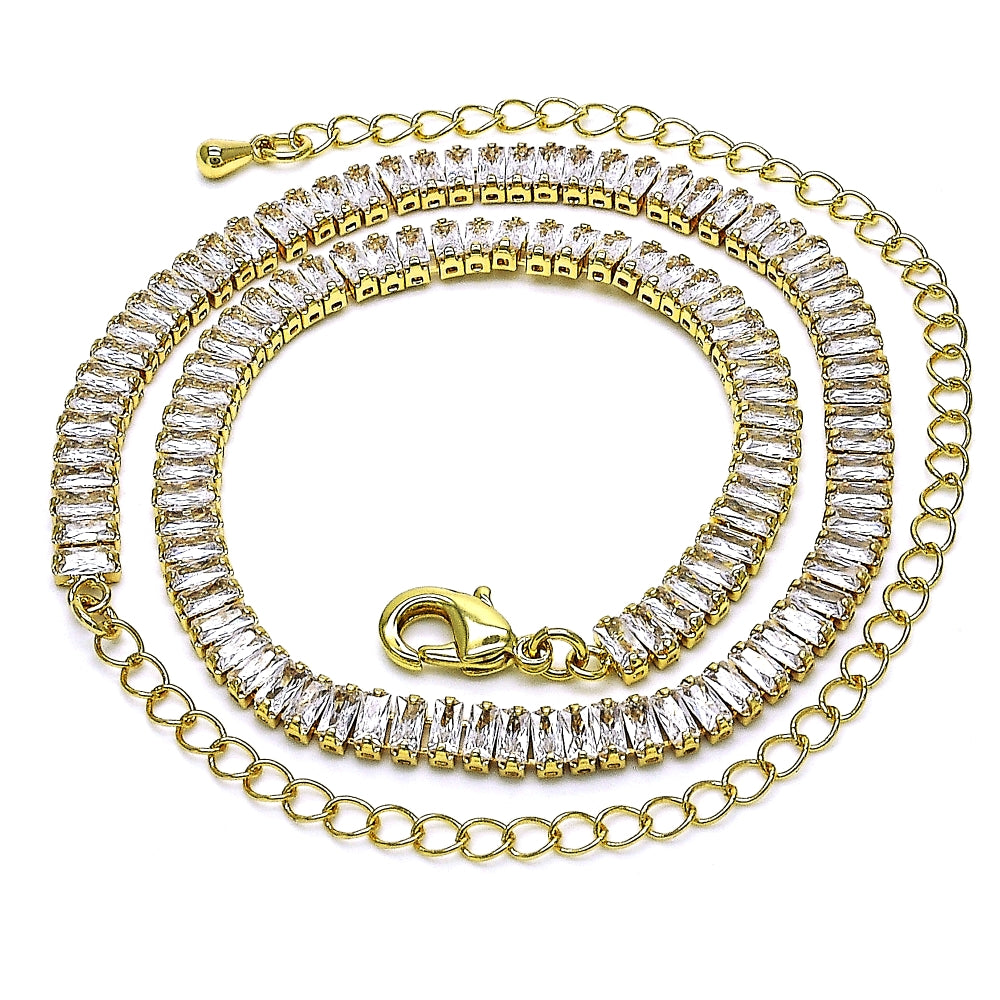 Oro Laminado Fancy Necklace, Gold Filled Style Baguette Design, with White Cubic Zirconia, Polished, Golden Finish