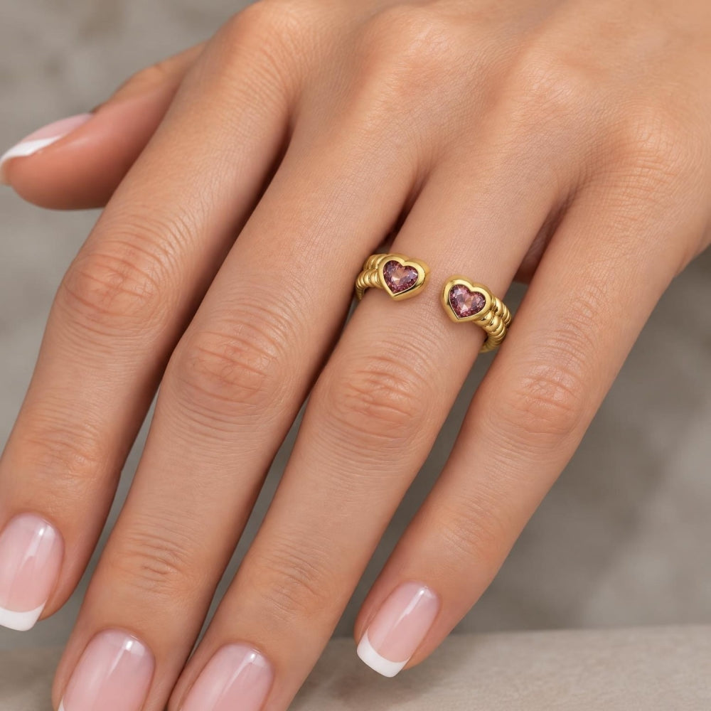 Oro Laminado Multi Stone Ring, Gold Filled Style Heart Design, with Pink Cubic Zirconia, Polished, Golden Finish