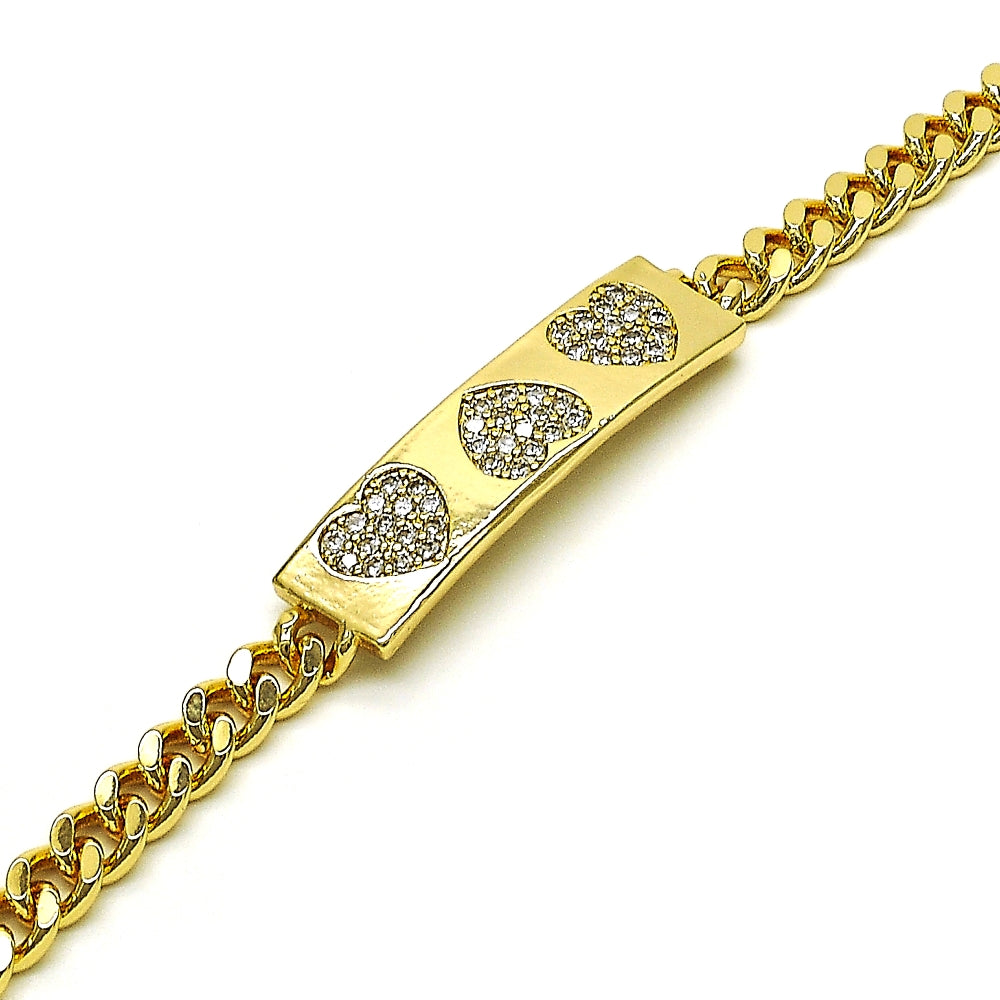 Oro Laminado Fancy Bracelet, Gold Filled Style Heart Design, with White Micro Pave, Polished, Golden Finish