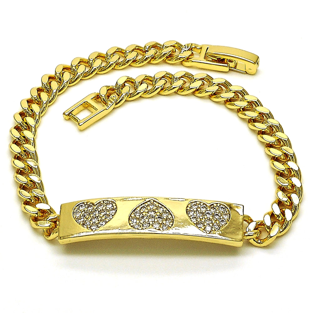 Oro Laminado Fancy Bracelet, Gold Filled Style Heart Design, with White Micro Pave, Polished, Golden Finish