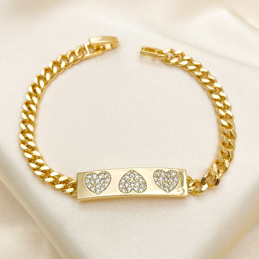 Oro Laminado Fancy Bracelet, Gold Filled Style Heart Design, with White Micro Pave, Polished, Golden Finish