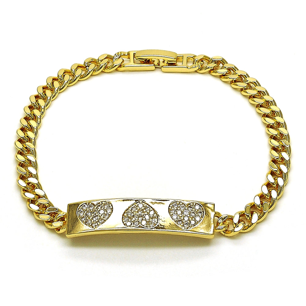 Oro Laminado Fancy Bracelet, Gold Filled Style Heart Design, with White Micro Pave, Polished, Golden Finish