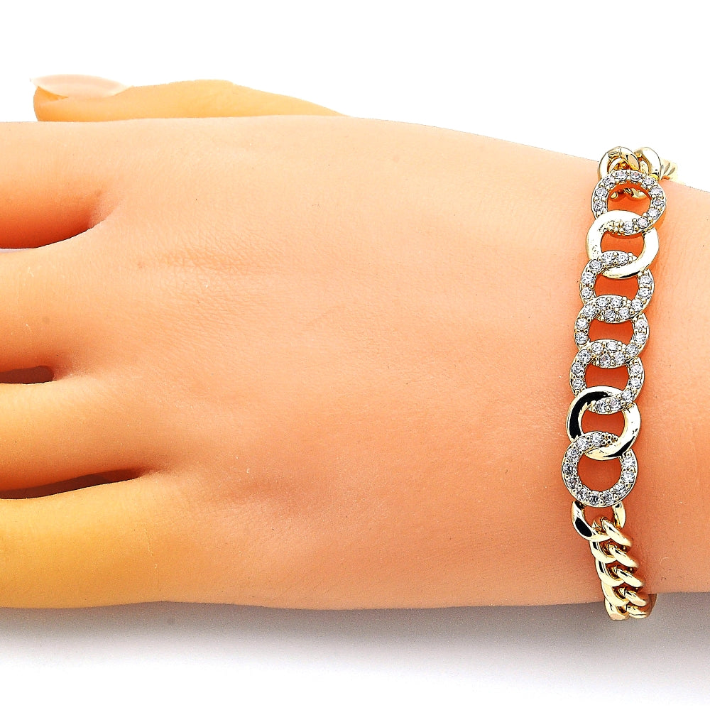 Oro Laminado Fancy Bracelet, Gold Filled Style with White Micro Pave, Polished, Golden Finish