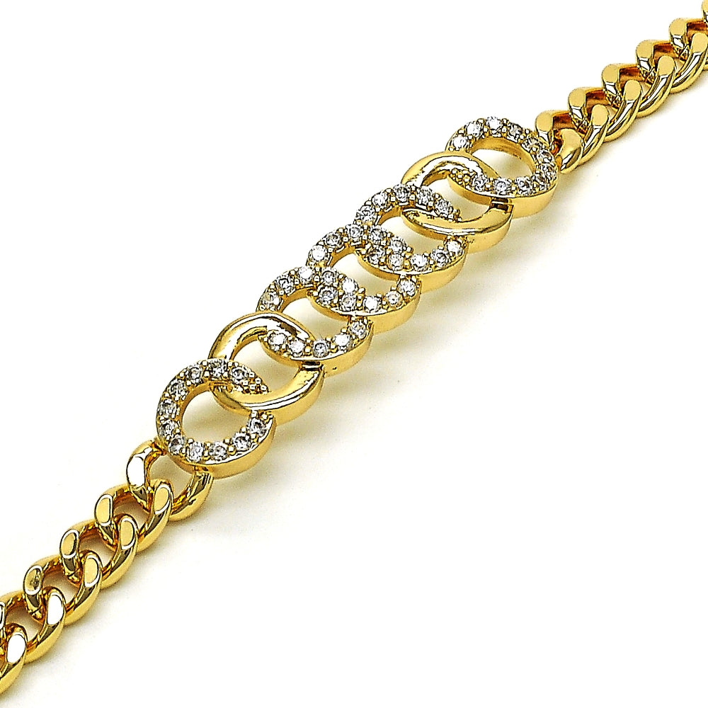 Oro Laminado Fancy Bracelet, Gold Filled Style with White Micro Pave, Polished, Golden Finish