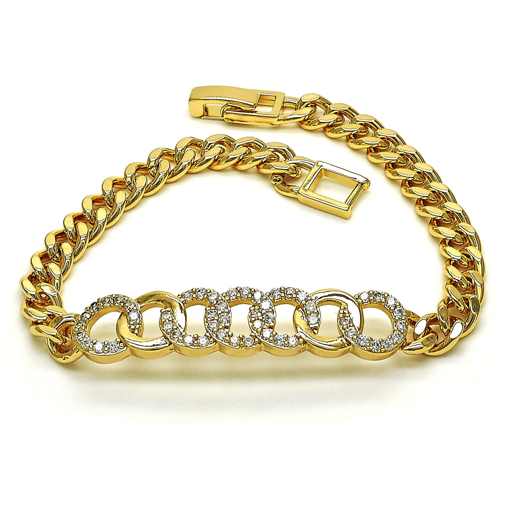 Oro Laminado Fancy Bracelet, Gold Filled Style with White Micro Pave, Polished, Golden Finish