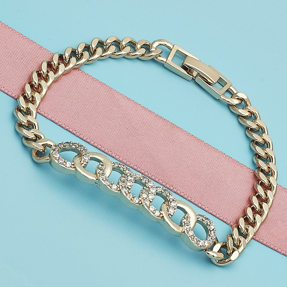 Oro Laminado Fancy Bracelet, Gold Filled Style with White Micro Pave, Polished, Golden Finish