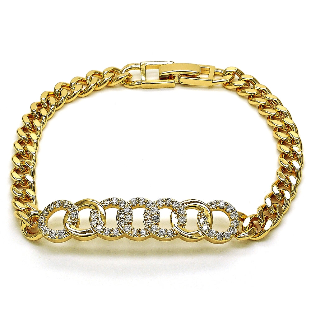 Oro Laminado Fancy Bracelet, Gold Filled Style with White Micro Pave, Polished, Golden Finish