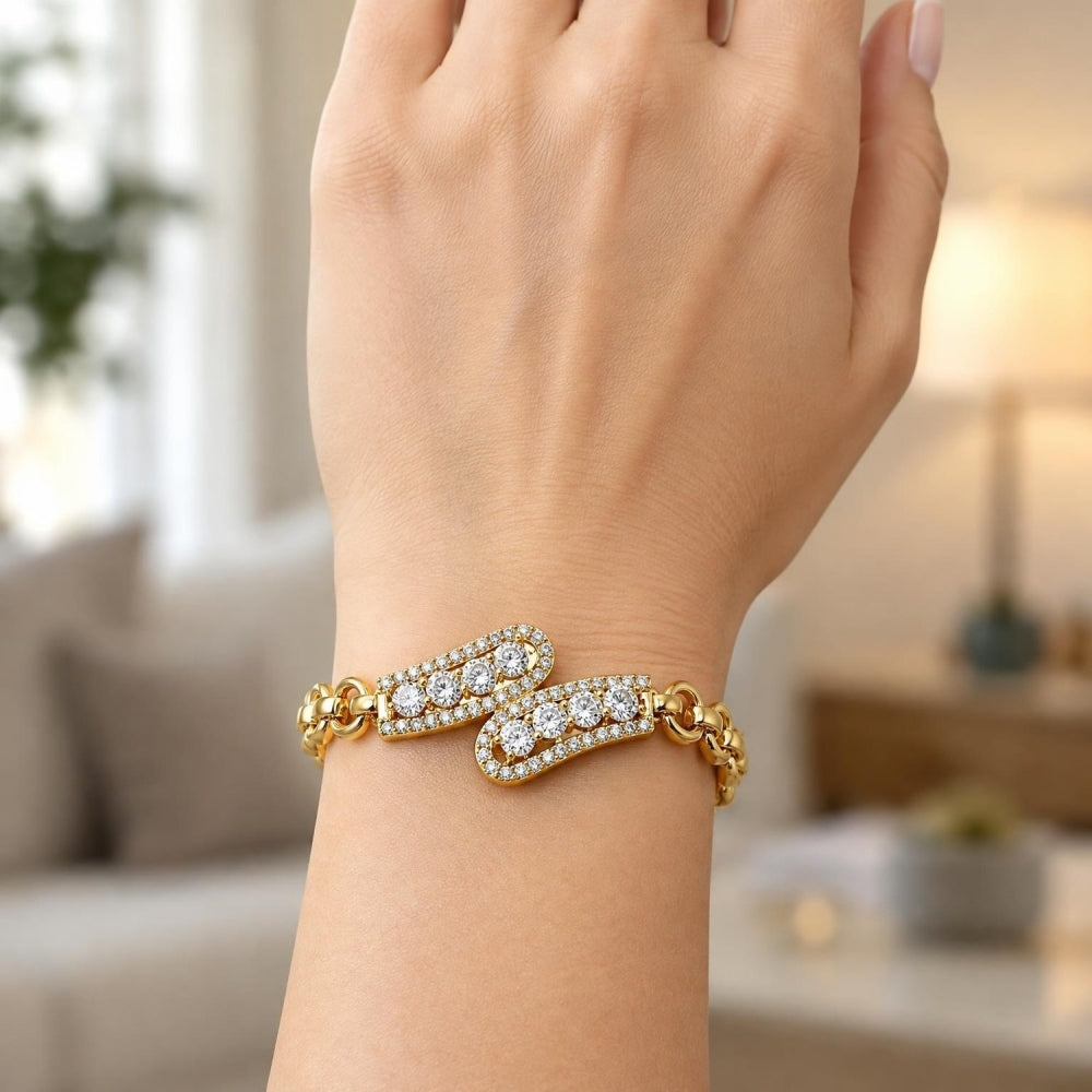 Oro Laminado Fancy Bracelet, Gold Filled Style with White Cubic Zirconia and White Micro Pave, Polished, Golden Finish