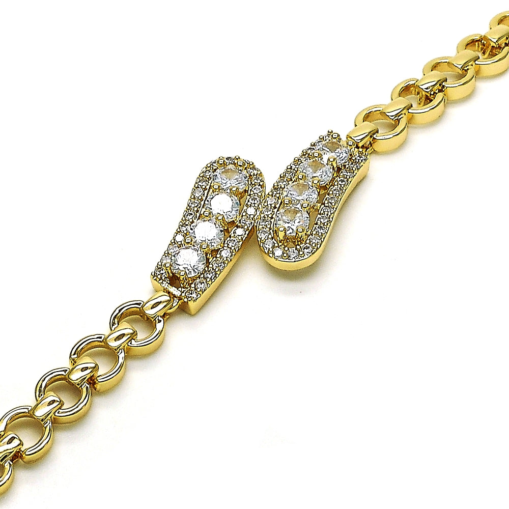 Oro Laminado Fancy Bracelet, Gold Filled Style with White Cubic Zirconia and White Micro Pave, Polished, Golden Finish