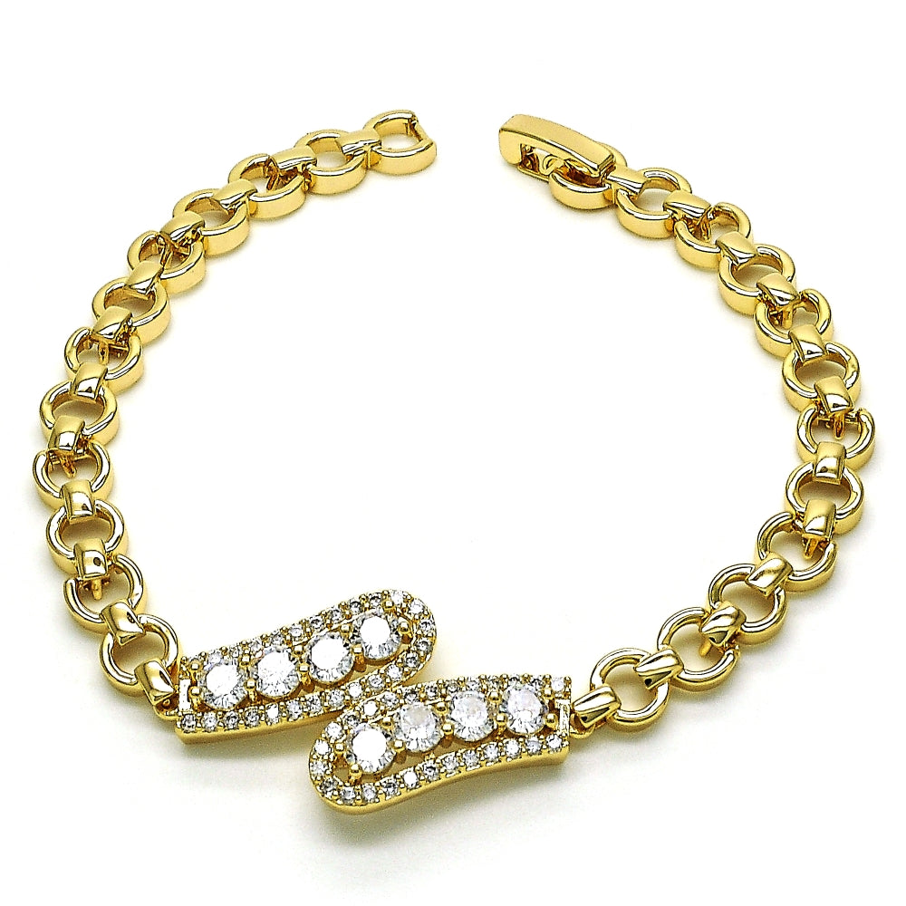 Oro Laminado Fancy Bracelet, Gold Filled Style with White Cubic Zirconia and White Micro Pave, Polished, Golden Finish