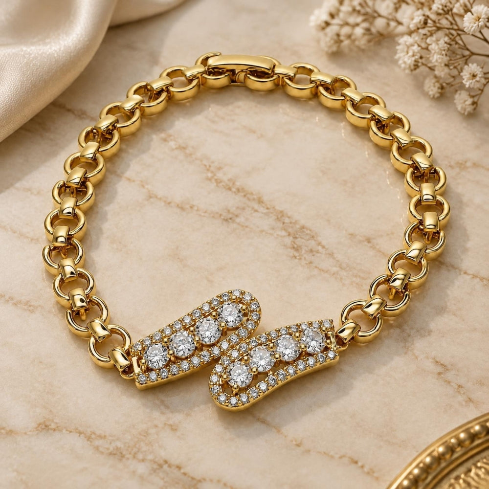 Oro Laminado Fancy Bracelet, Gold Filled Style with White Cubic Zirconia and White Micro Pave, Polished, Golden Finish