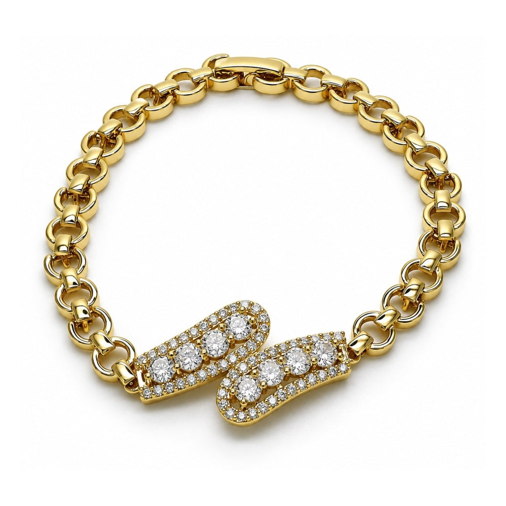 Oro Laminado Fancy Bracelet, Gold Filled Style with White Cubic Zirconia and White Micro Pave, Polished, Golden Finish