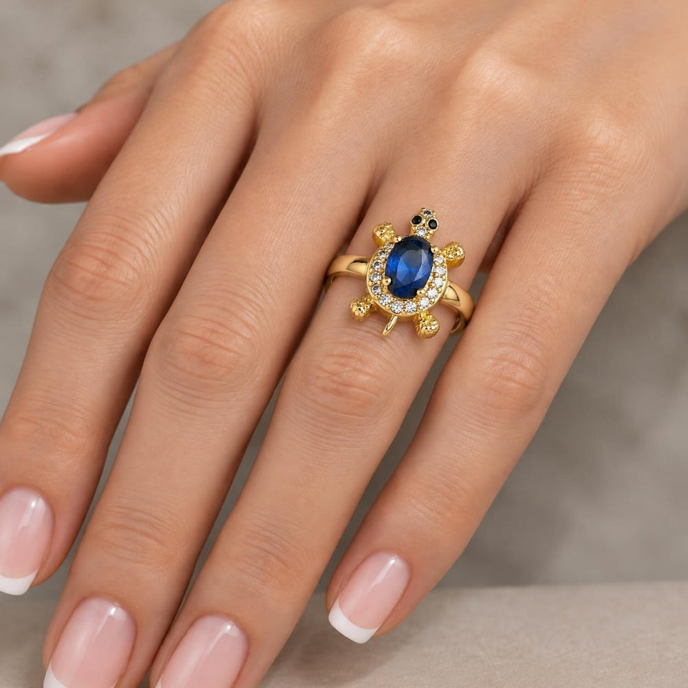Oro Laminado Multi Stone Ring, Gold Filled Style Turtle Design, with Sapphire Blue Cubic Zirconia and White Micro Pave, Polished, Golden Finish