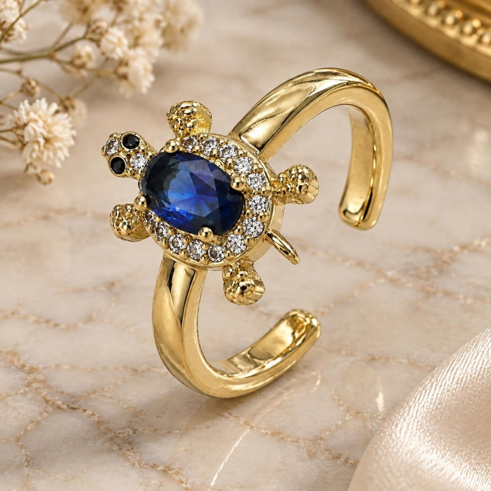 Oro Laminado Multi Stone Ring, Gold Filled Style Turtle Design, with Sapphire Blue Cubic Zirconia and White Micro Pave, Polished, Golden Finish