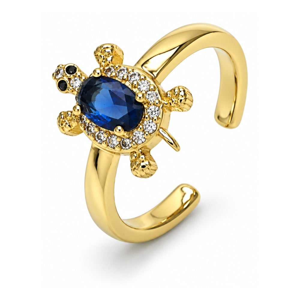 Oro Laminado Multi Stone Ring, Gold Filled Style Turtle Design, with Sapphire Blue Cubic Zirconia and White Micro Pave, Polished, Golden Finish