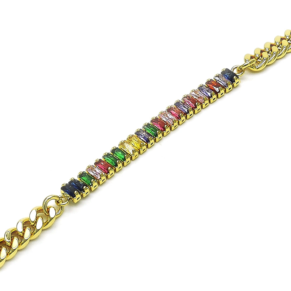 Oro Laminado Fancy Bracelet, Gold Filled Style Miami Cuban and Baguette Design, with Multicolor Cubic Zirconia, Polished, Golden Finish