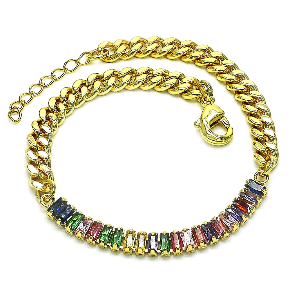 Oro Laminado Fancy Bracelet, Gold Filled Style Miami Cuban and Baguette Design, with Multicolor Cubic Zirconia, Polished, Golden Finish