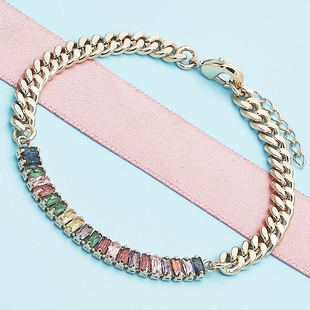 Oro Laminado Fancy Bracelet, Gold Filled Style Miami Cuban and Baguette Design, with Multicolor Cubic Zirconia, Polished, Golden Finish